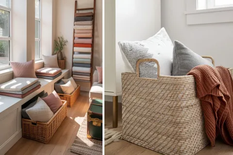 10 ideas decorativas y prácticas para guardar los almohadones cuando nos vamos a dormir Dos opciones de guardado de almohadones
