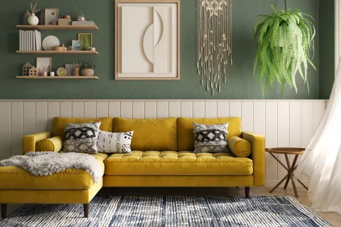 Decoración de agosto: ideas para ambientar tus espacios sin gastar de más Living con sillón en color amarillo, alfombra y plantas