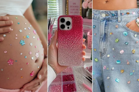 Brillos en una panza, un teléfono y un jean