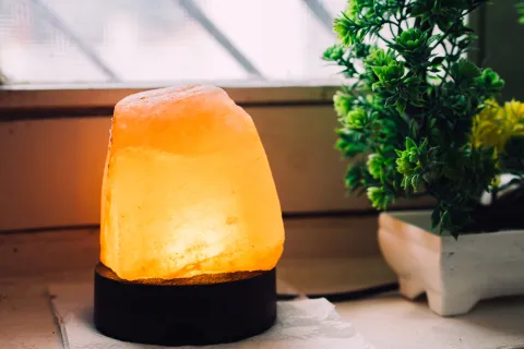 Lámparas de sal: cómo usarlas de forma segura y potenciar sus beneficios Una lámpara de sal al lado de una planta
