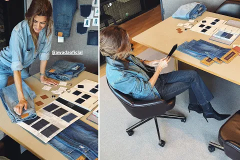 Los tonos de jeans tendencia para esta primavera que compartió Juliana Awada Juliana Awada en las oficinas de Awada