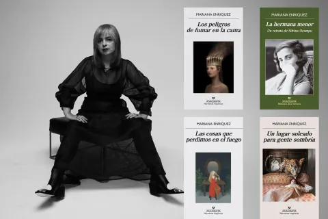 Si te gustó "Mis muertos tristes", estos son los libros de Mariana Enríquez que deberías leer Mariana Enríquez posando sentada a cámara y portadas de cuatro de sus libros.