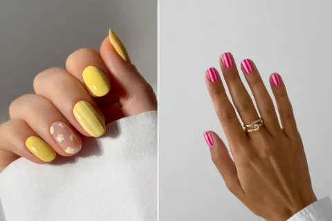 Spring nails: los colores y diseños que son tendencia esta primavera y cómo cuidar las uñas Dos manos de mujeres con uñas amarillas y otra con uñas en color rosa y fucsia