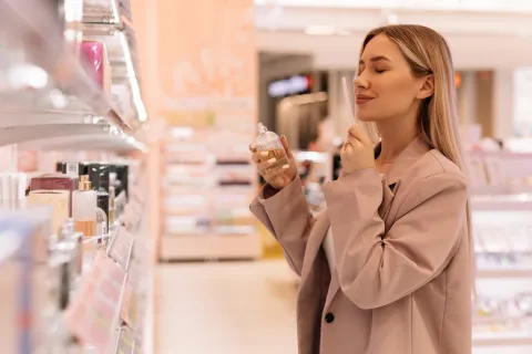 Una mujer oliendo perfumes en una góndola de perfumería