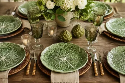 una mesa decorada con platos de coles y verduras