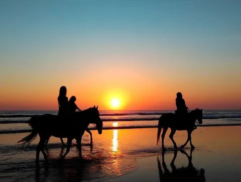 Unas personas cabalgando a la orilla del mar.