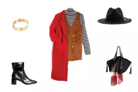 3 looks para usar jumper en diferentes texturas Pulsera (Isadora, $169); sombrero (Isadora, $499); polera (Levi’s, $2890); jumper de corderoy (Madness, $1989); tapado rojo (Estancias, $4290); cartera (Amphora, $1790); pañuelo (Zhoue, $680); botas (Blaquè, $3498).