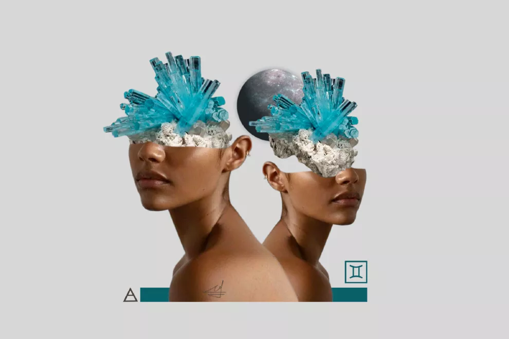 Collage de dos mujeres con la cabeza de piedras preciosas.