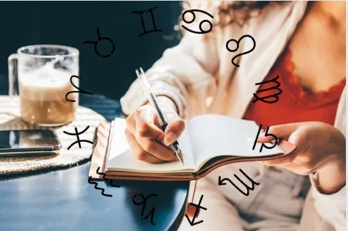 Una chica escribiendo en una agenda y encima, los símbolos de los 12 signos del zodíaco.