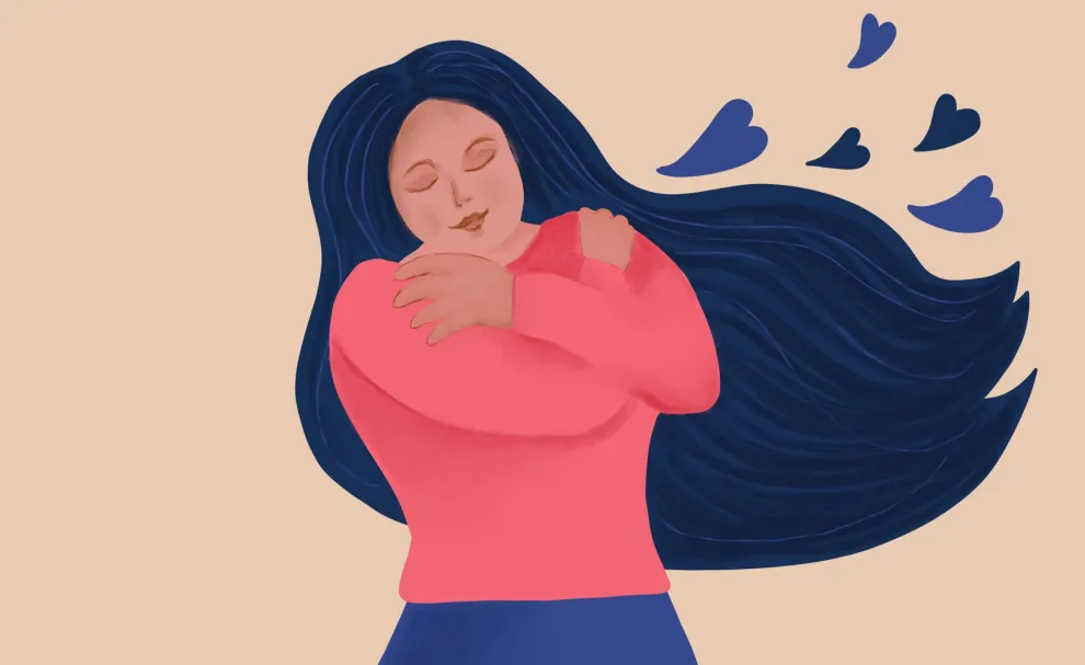 mujer se abraza: amor propio. ilustración
