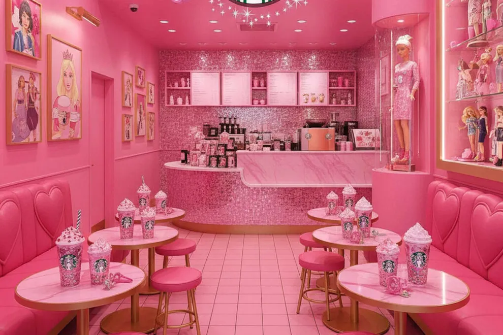Desde fuera, el lugar se distingue por un resplandor rosa que ilumina su fachada, transformando por completo la experiencia de tomar un café en algo mucho más cercano a un universo temático e inmersivo