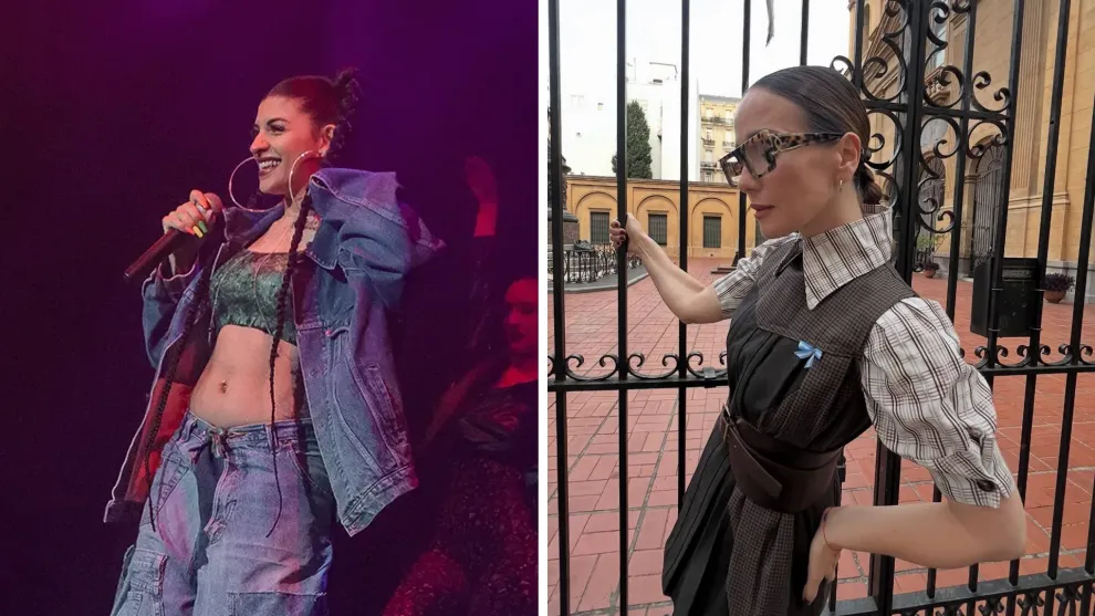A la izquierda Cazzu con un conjunto de Aldi Vega hecho de jean. A la derecha Nati Oreiro en el estreno de La Noche Sin Mi con un conjunto sustentable y una escarapela