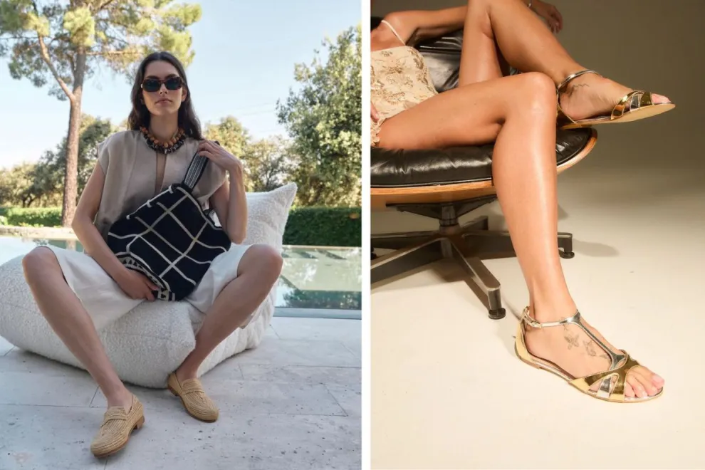 Una mujer con un tote bag y otra con unas sandalias doradas