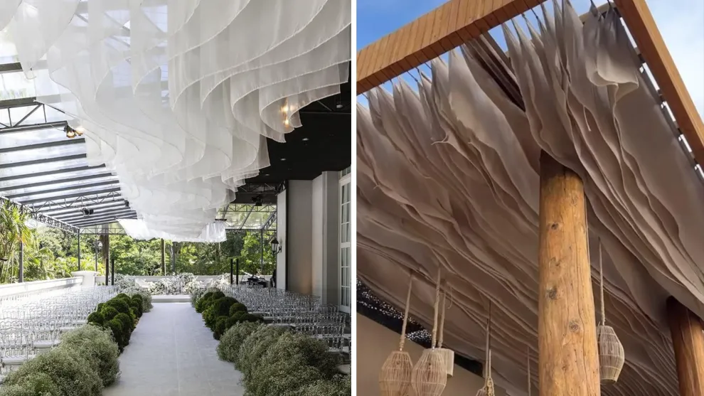 Un díptico con dos imágenes de unas galerías y unas estructuras de tela que dan sombra de forma dinámica