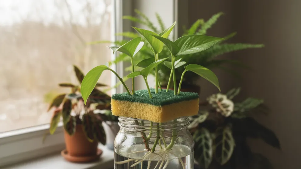 Un frasco de vidrio con agua y dentro un potus atravesando una esponja de cocina