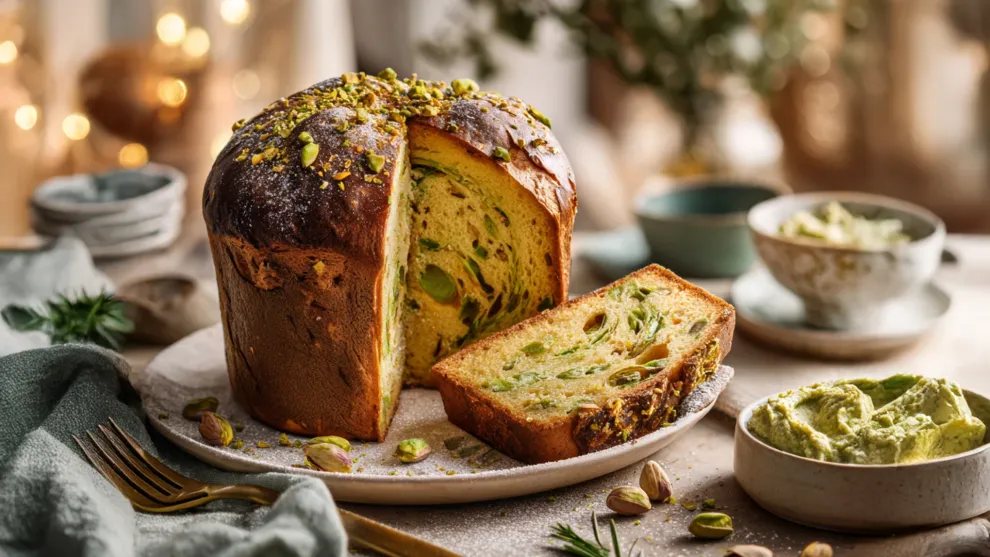 Pan dulce de pistacho cortado en una lonja sobre un plato de cerámica. En el fondo, una mesa con decoración navideña