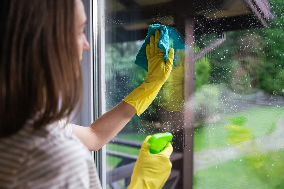 Foto de mujer limpiando ventanas.