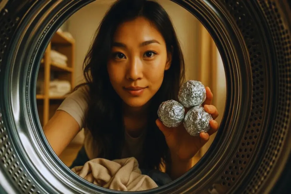 Foto de mujer poniendo pelotas de aluminio en el lavarropas.