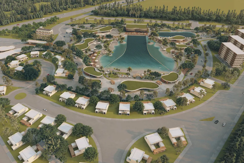 El complejo abarcará unas 6 hectáreas, con una pileta de olas de 1,5 hectáreas, desarrollada por la empresa La Ola Group.